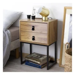 Table de Chevet 2 tiroirs pieds métal effet chêne en bois Beige