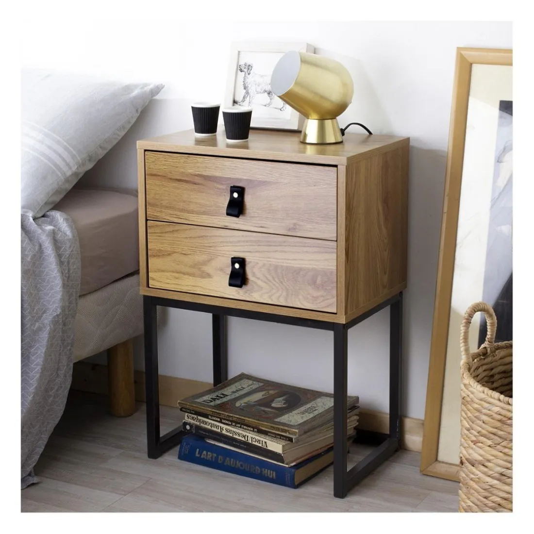 Table de Chevet 2 tiroirs pieds métal effet chêne en bois Beige