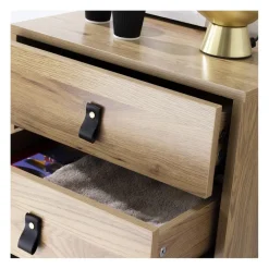 Table de Chevet 2 tiroirs pieds métal effet chêne en bois Beige