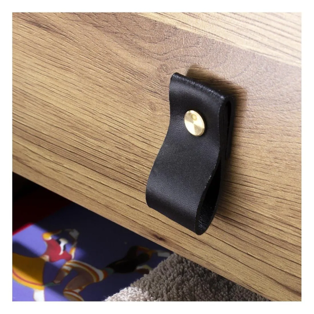 Table de Chevet 2 tiroirs pieds métal effet chêne en bois Beige