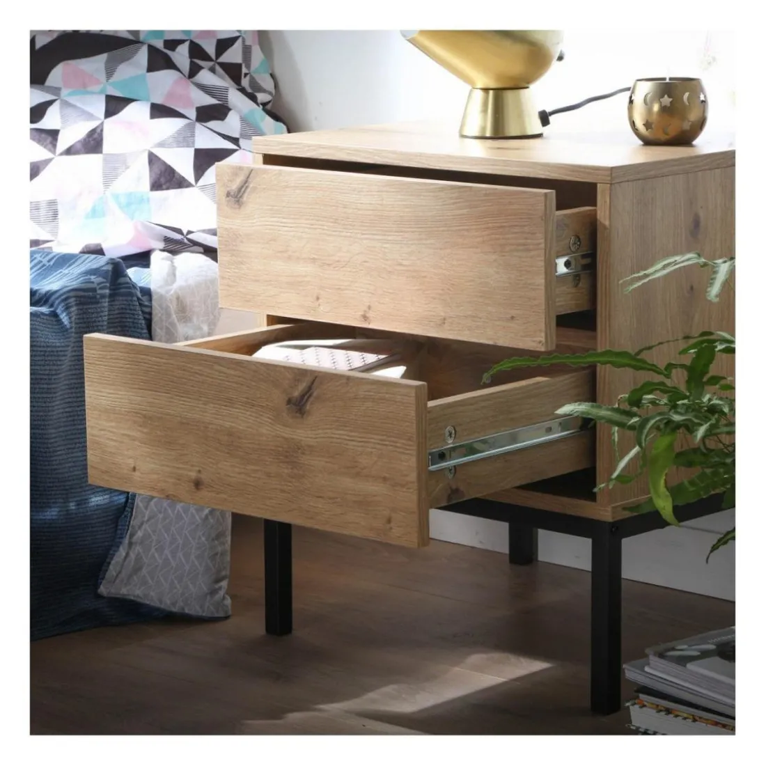 Table de Chevet 2 Tiroirs Décor Bois en bois Beige