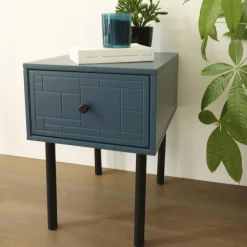 Table de chevet bois et pieds métal KAISSON bleue