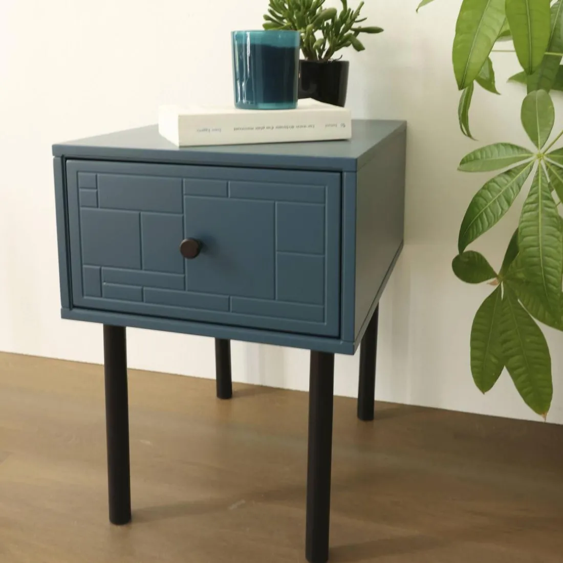 Table de chevet bois et pieds métal KAISSON bleue