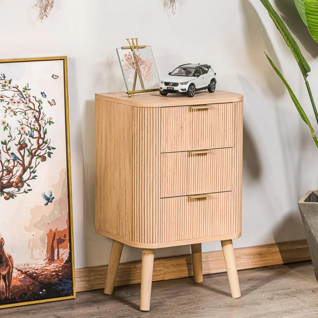 Table de Chevet Chiffonnier 3 Tiroirs Naturel en Bois