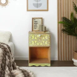 Table de chevet style oriental bois sculpté 1 porte Monbolyto Bois Jaune