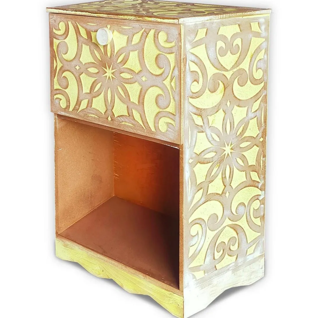 Table de chevet style oriental bois sculpté 1 porte Monbolyto Bois Jaune