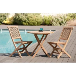 Table de jardin 2 personnes, ronde pliante 80 x 80 cm en bois Teck
