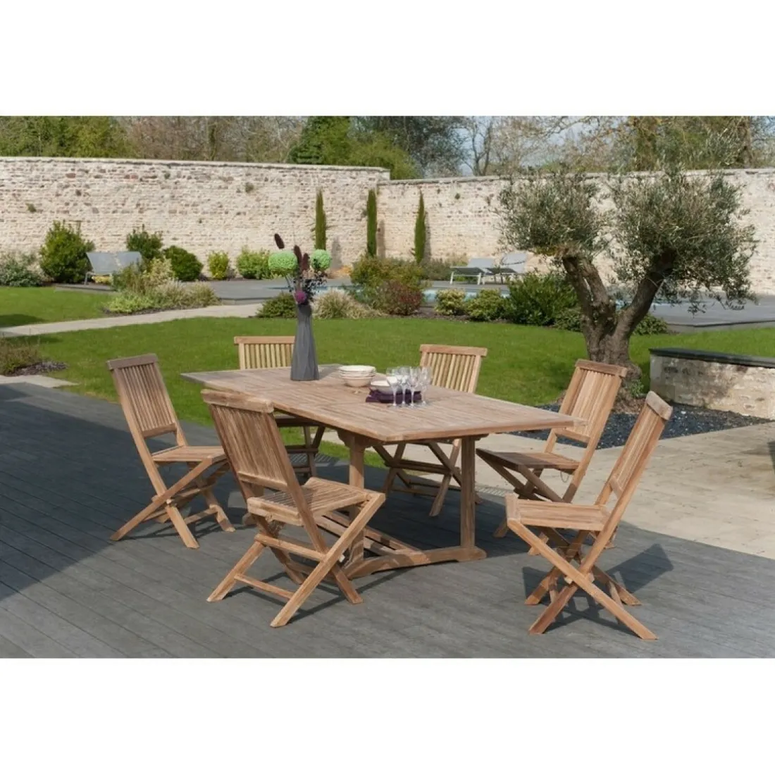 Table de jardin 8/10 personnes, rectangulaire extensible 180/240*100 cm en bois Teck