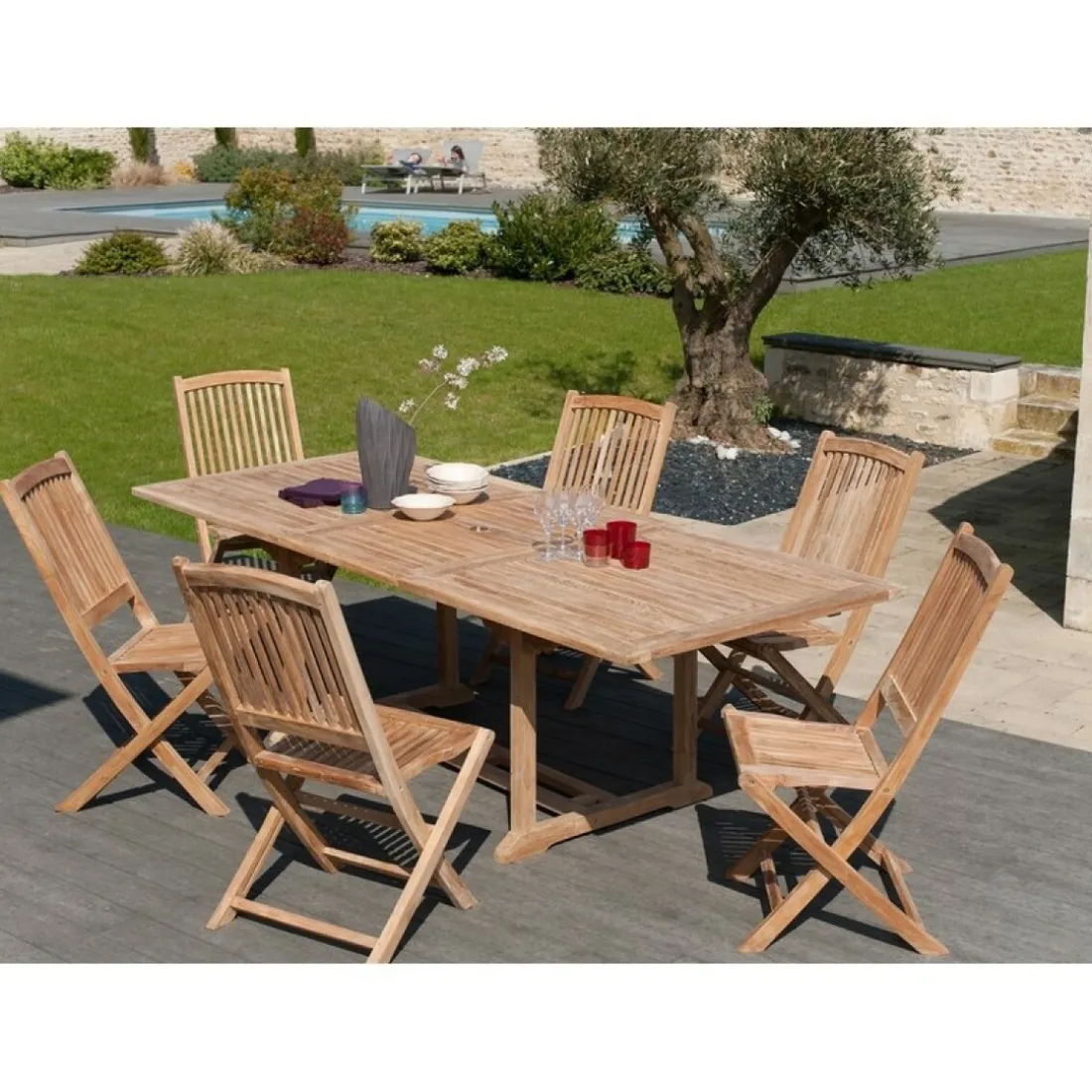 Table de jardin 8/10 personnes, rectangulaire extensible 180/240*100 cm en bois Teck