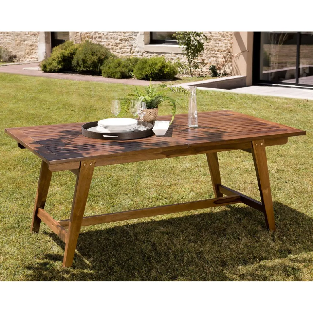 Table de jardin HANNA 8/10 personnes - rectangulaire scandi extensible 180/240x100cm en bois teck huilé