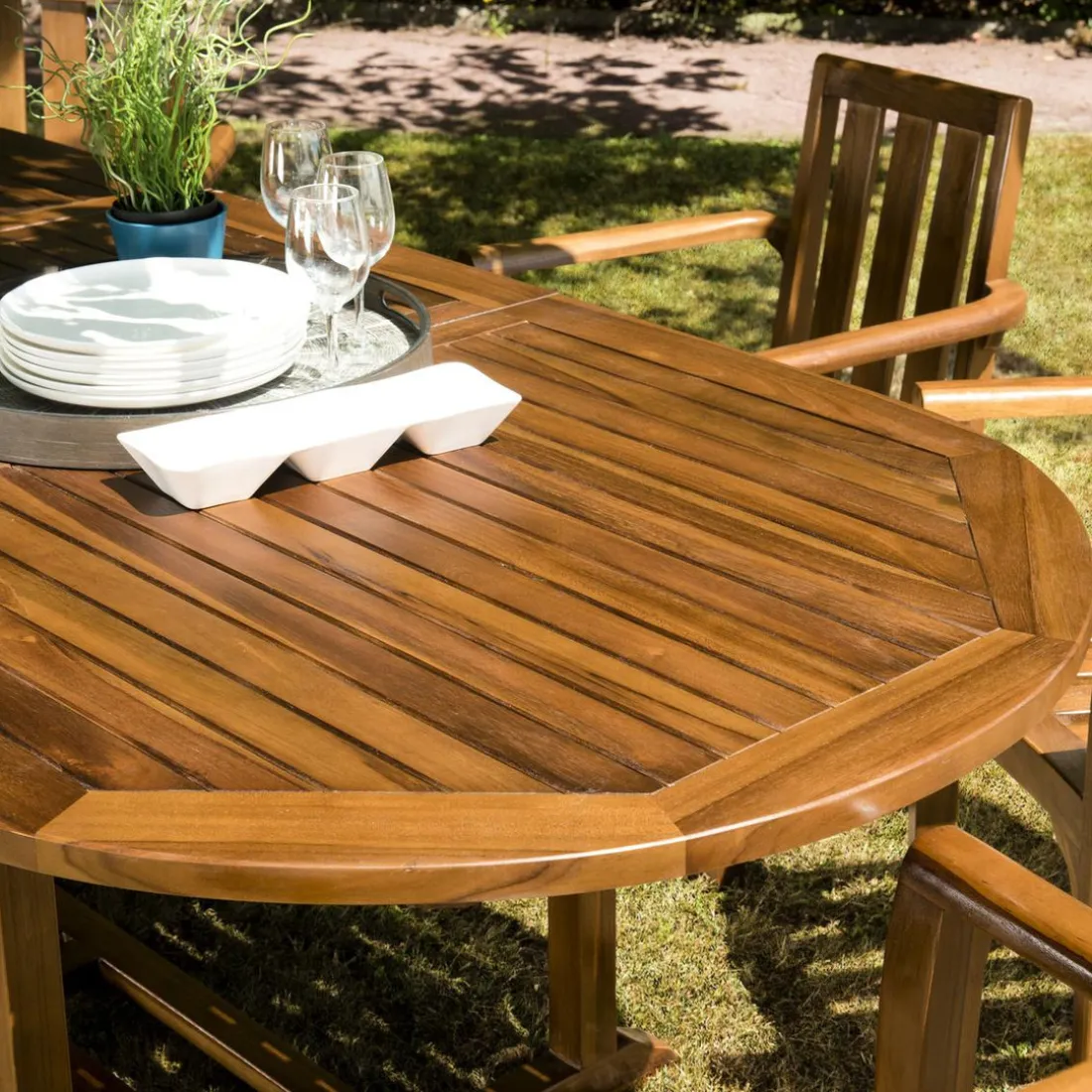 Table de jardin HANNA 10/12 personnes - ovale double extension 200/300 x 120 cm en bois teck huilé