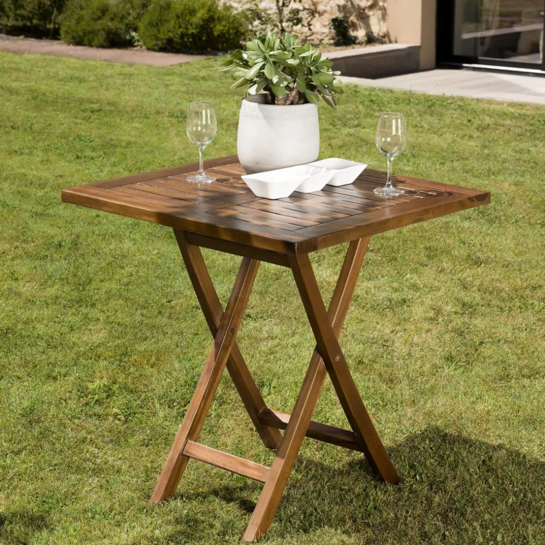 Table de jardin HANNA 2 personnes - carrée pliante 70 x 70 cm en bois teck huilé