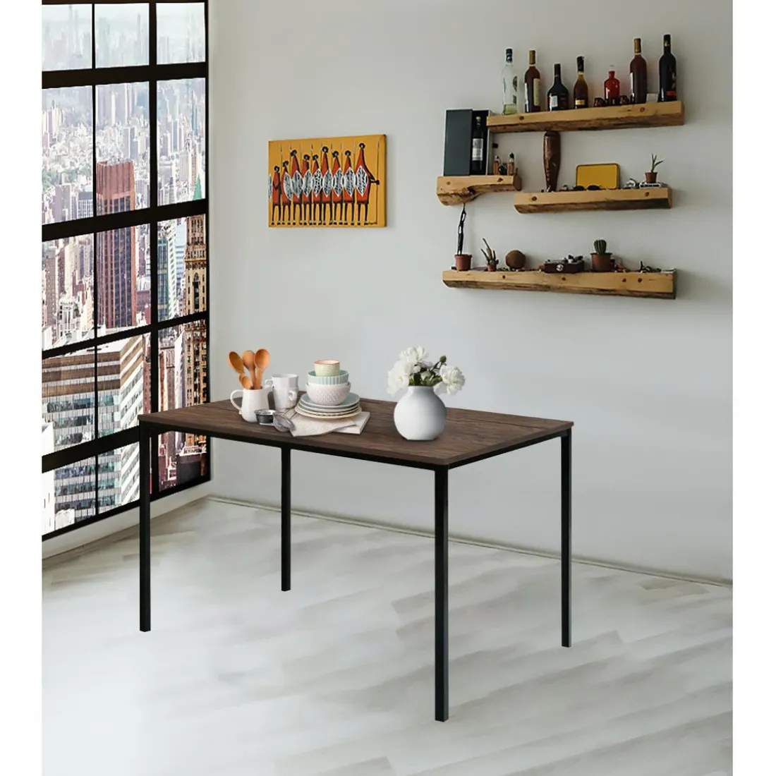 Table de salle à manger en métal noir et en bois finition Marron