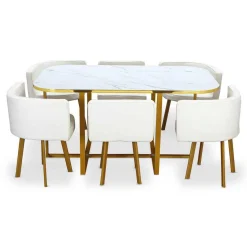 Table Et Chaises OSLO XL Or Effet Marbre Blanc et Simili Blanc