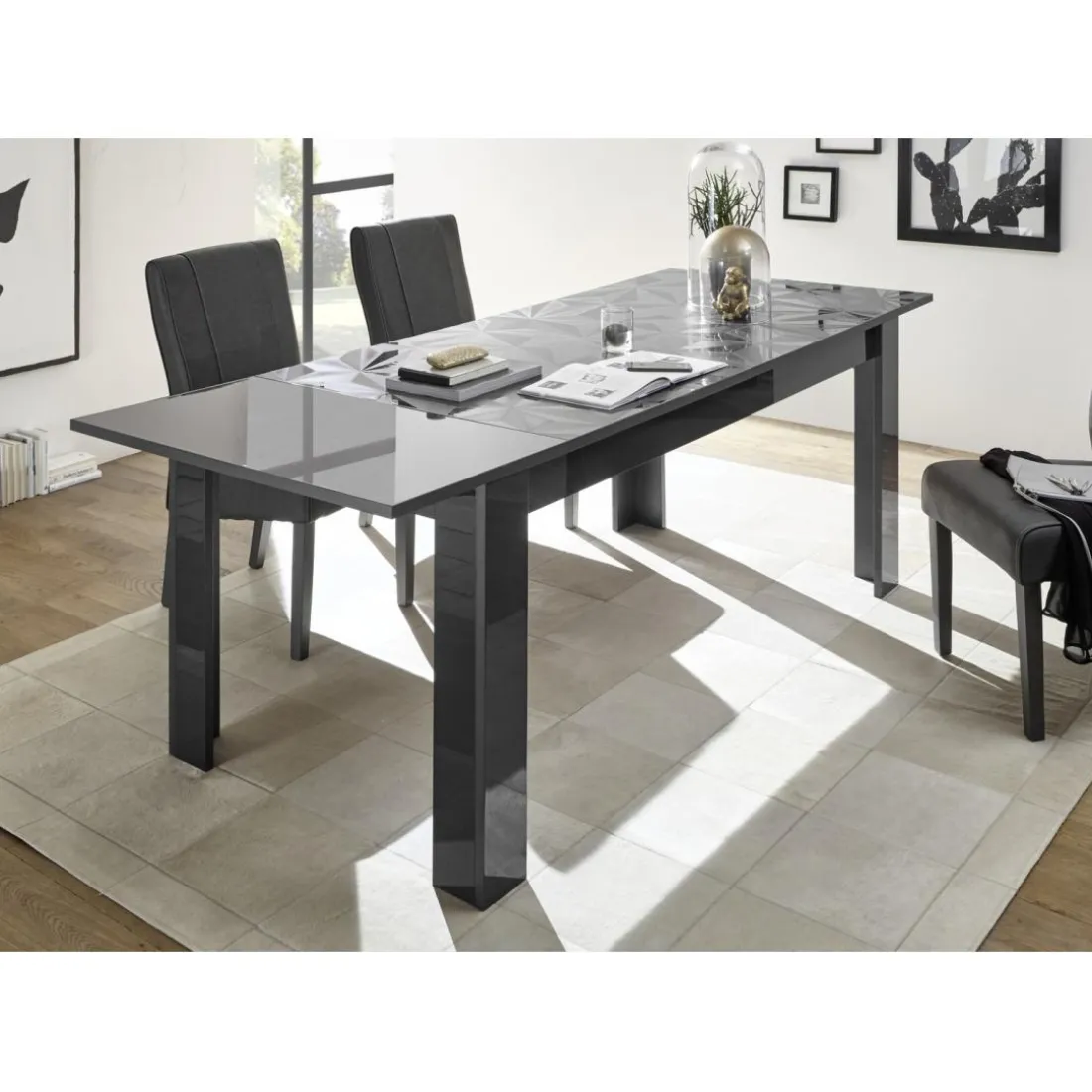 Table extensible 137x90cm PRISMA laqué anthracite brillant