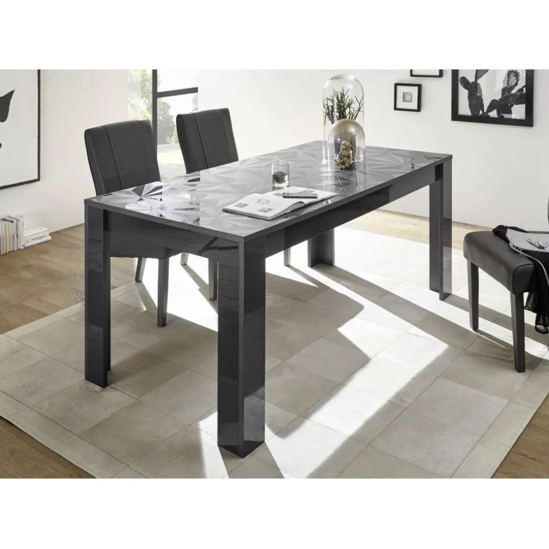 Table extensible 180x90cm PRISMA laqué anthracite brillant