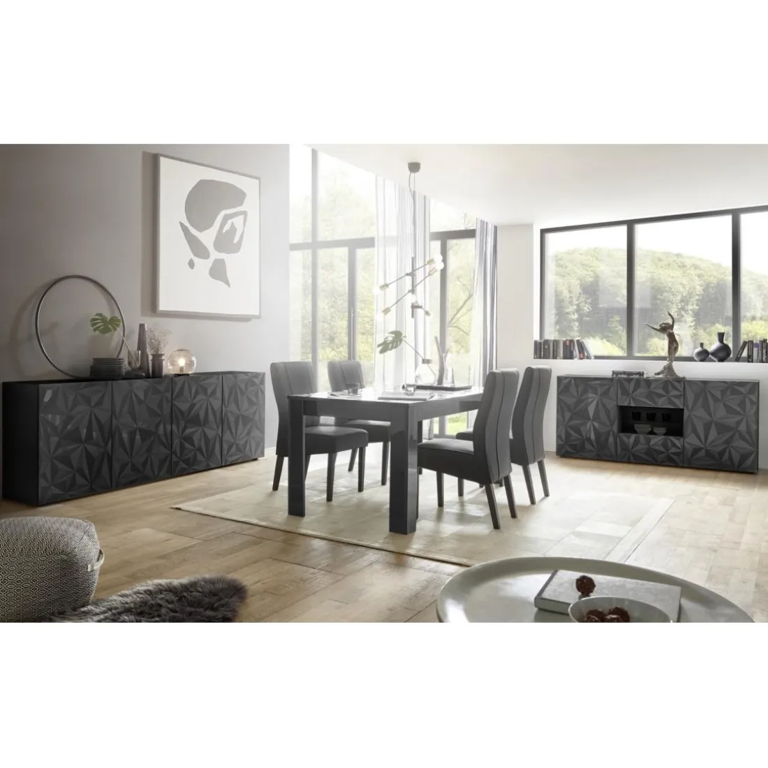 Table extensible 180x90cm PRISMA laqué anthracite brillant