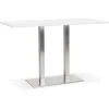 Table haute design blanche avec pied en métal brossé