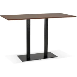 Table haute design en bois finition Noyer avec pied en métal noir