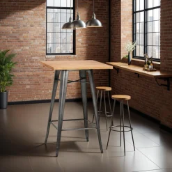 Table haute style industriel 'GRAMY' en bois foncé et pieds en métal gris