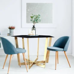 Table hexagonale 120cm Zadig Verre Effet marbre noir et pied Métal Or