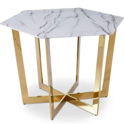 Table hexagonale 120cm Zadig Verre Effet marbre blanc et pied Métal Or
