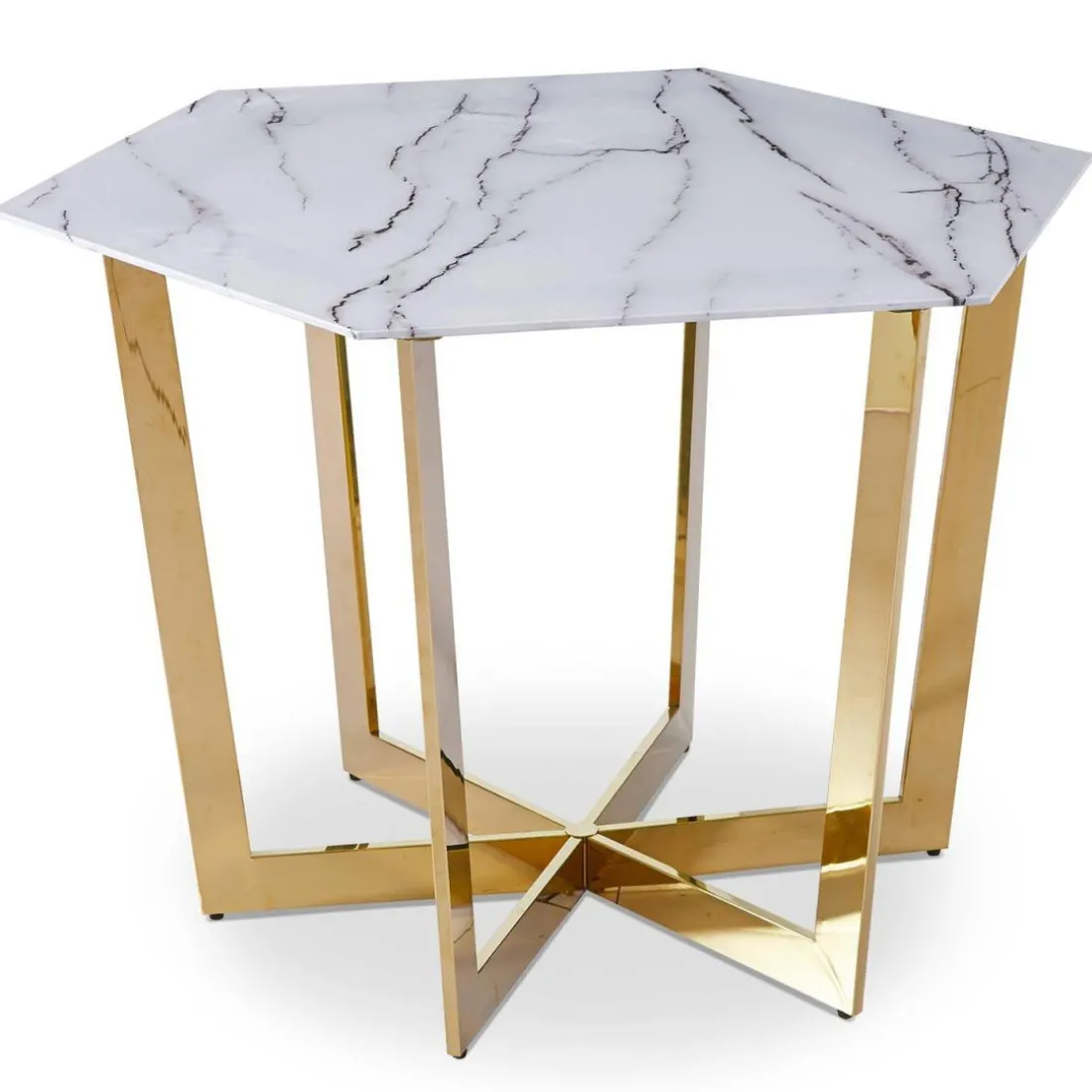 Table hexagonale 120cm Zadig Verre Effet marbre blanc et pied Métal Or