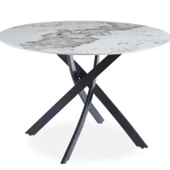 Table ronde Bangui Céramique effet marbre Blanc et pieds croisés Métal Noir