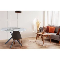 Table ronde Bangui Céramique effet marbre Blanc et pieds croisés Métal Noir