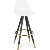 Tabouret de bar 'CLARISSE' en tissu bouloché blanc et 4 pieds en bois noir
