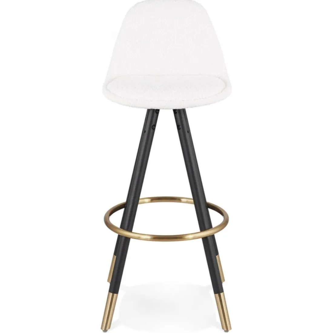 Tabouret de bar 'CLARISSE' en tissu bouloché blanc et 4 pieds en bois noir