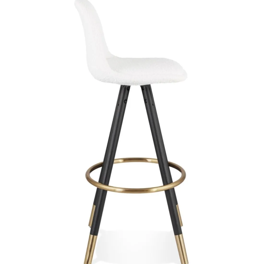 Tabouret de bar 'CLARISSE' en tissu bouloché blanc et 4 pieds en bois noir