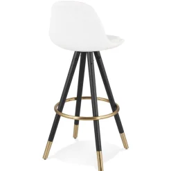 Tabouret de bar 'CLARISSE' en tissu bouloché blanc et 4 pieds en bois noir