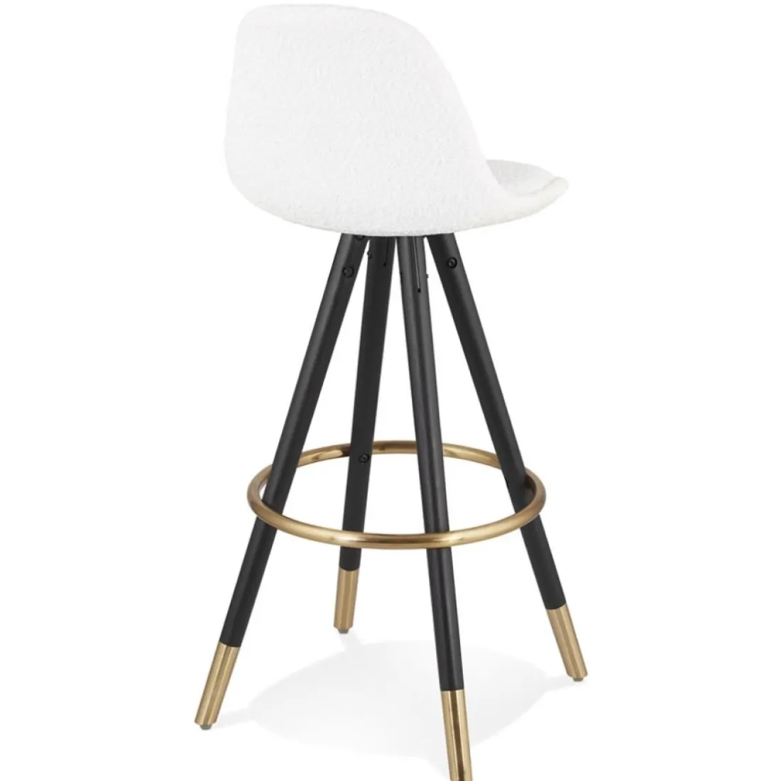 Tabouret de bar 'CLARISSE' en tissu bouloché blanc et 4 pieds en bois noir