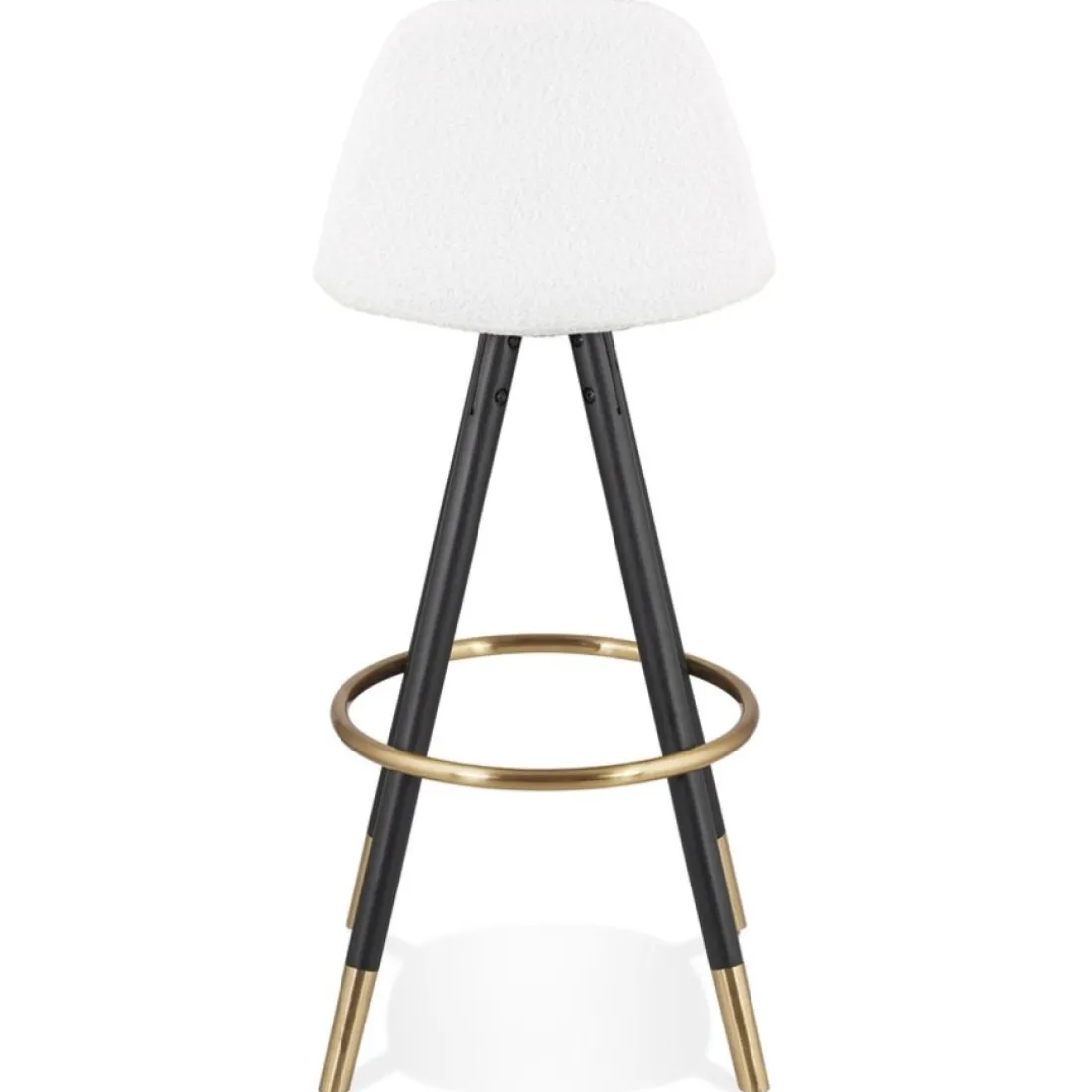 Tabouret de bar 'CLARISSE' en tissu bouloché blanc et 4 pieds en bois noir