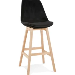Tabouret de bar 'MORISS' en velours noir et pieds en bois naturel