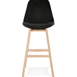 Tabouret de bar 'MORISS' en velours noir et pieds en bois naturel