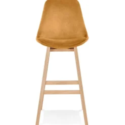 Tabouret de bar 'MORISS' en velours moutarde et pieds en bois naturel