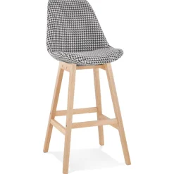 Tabouret de bar 'MORISS' en tissu pied de poule et pieds en bois naturel