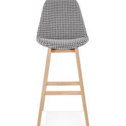 Tabouret de bar 'MORISS' en tissu pied de poule et pieds en bois naturel