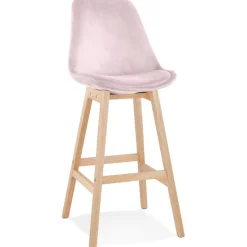 Tabouret de bar 'MORISS' en velours rose et pieds en bois naturel