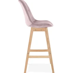 Tabouret de bar 'MORISS' en velours rose et pieds en bois naturel