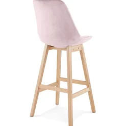 Tabouret de bar 'MORISS' en velours rose et pieds en bois naturel