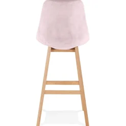 Tabouret de bar 'MORISS' en velours rose et pieds en bois naturel