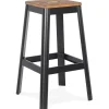 Tabouret haut style industriel 'LIDYA' avec structure en métal noir et assise en bois