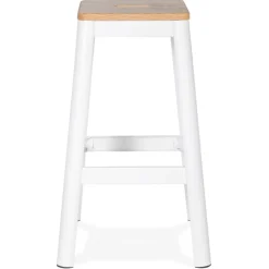 Tabouret haut style industriel 'LIDYA' avec structure en métal blanc et assise en bois