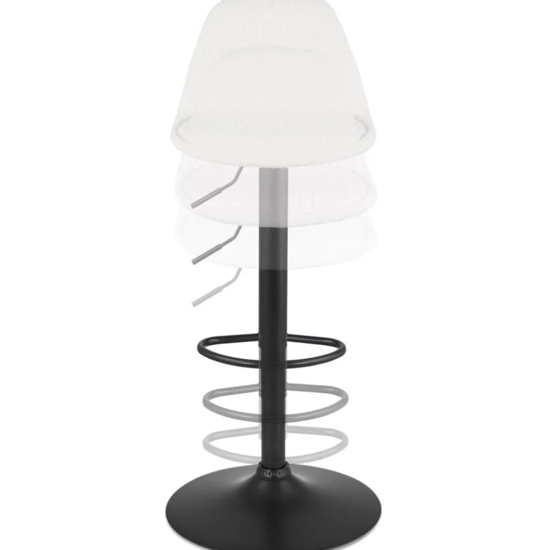 Tabouret réglable 'LANCELOT' en tissu bouclé blanc et pied en métal noir
