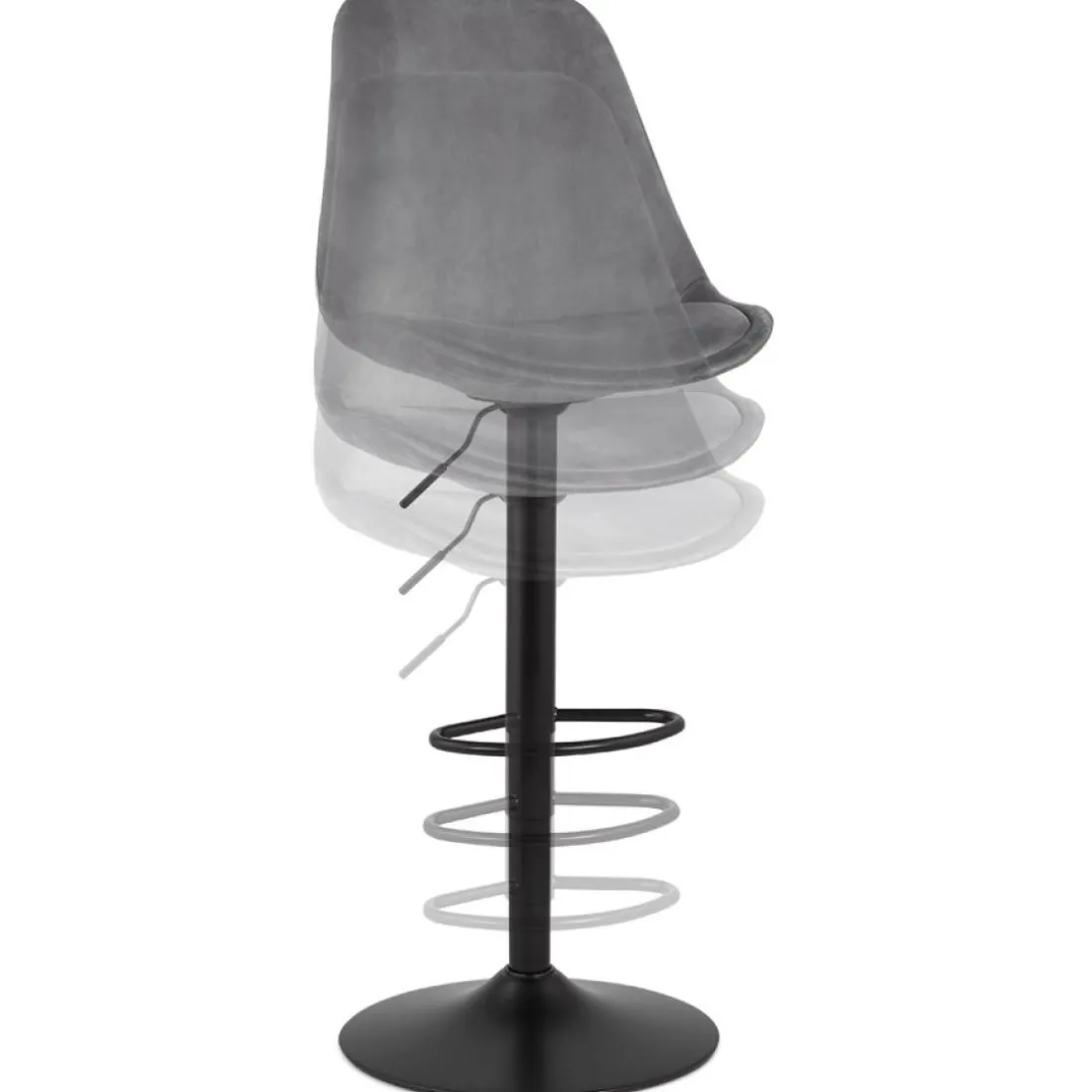 Tabouret réglable 'MIKE' en velours gris et pied noir