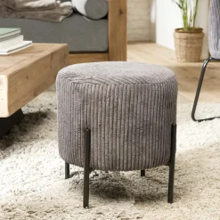 Tabouret Rond ALBANE Velours Cotelé Gris Anthracite Pieds Métal