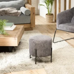 Tabouret Rond ALBANE Velours Cotelé Gris Anthracite Pieds Métal